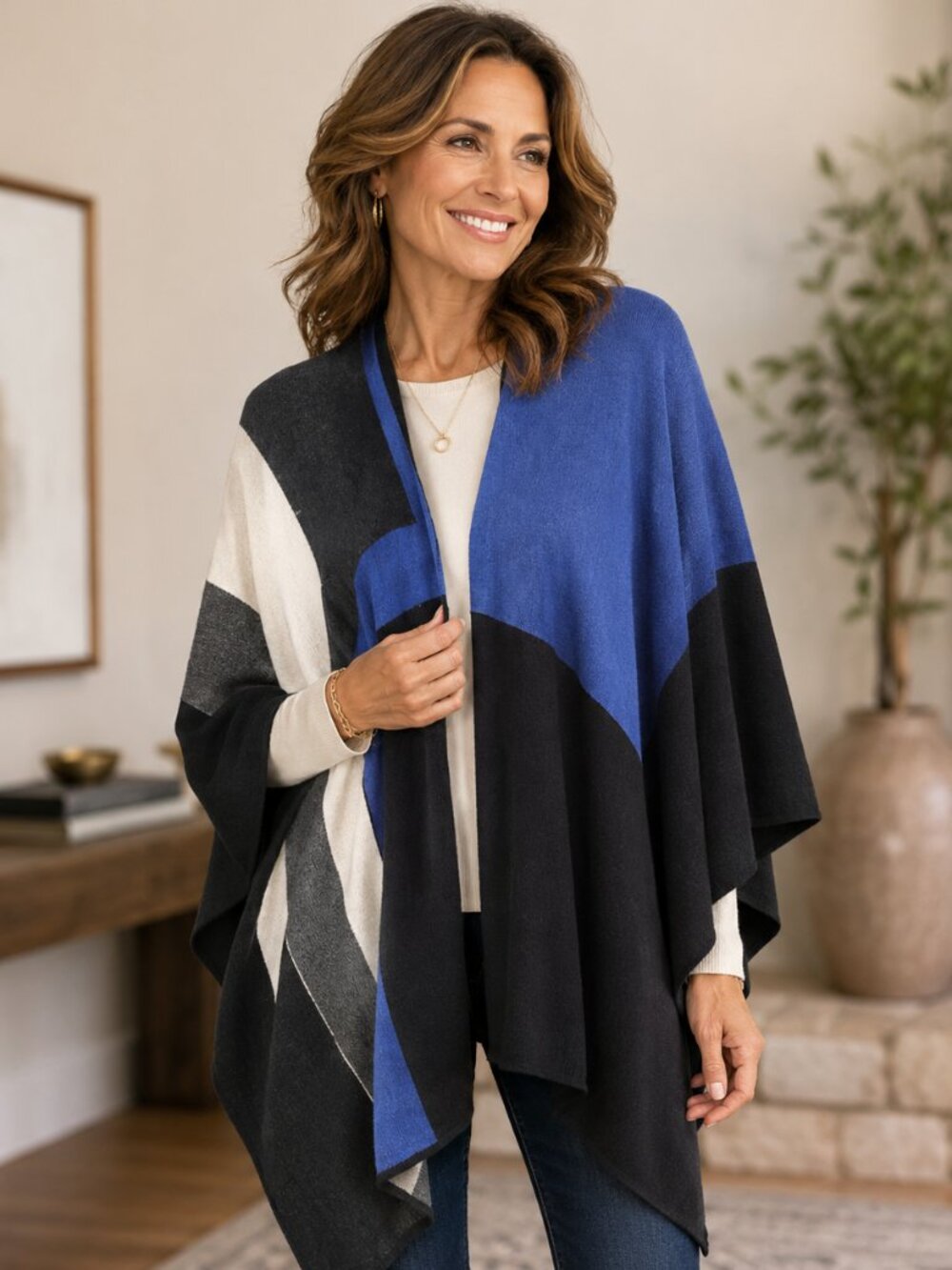 Coldwater Creek Cotton Angora Blend Colorblock Topper Sweater Wrap One Size
